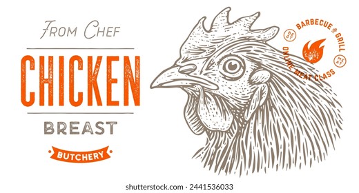 Chicken, hen head. Vintage retro print, chicken sketch ink pencil style drawing, engrave old school. Sketch artwork silhouette head chicken, white background. Side view profile. Vector Illustration