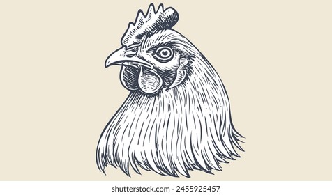 Pollo, cabeza de gallina. Estampado retro de Antiguas, dibujo a lápiz de boceto de pollo, grabado de la vieja escuela. Dibujo de la silueta de la cabeza de pollo, fondo blanco. Perfil lateral. Ilustración vectorial