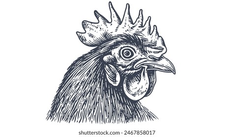 Pollo, cabeza de gallina. Estampado retro de Antiguas, dibujo a lápiz de boceto de pollo, grabado de la vieja escuela. Dibujo de la silueta de la cabeza de pollo, fondo blanco. Perfil lateral. Ilustración vectorial