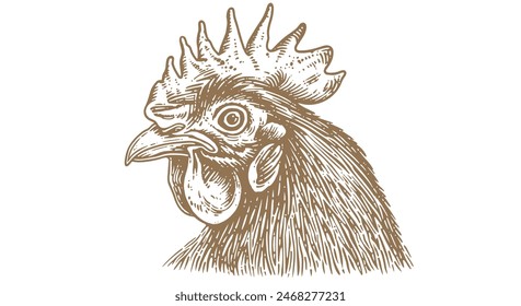 Chicken, hen head. Vintage retro print, chicken sketch ink pencil style drawing, engrave old school. Sketch artwork silhouette head chicken, white background. Side view profile. Vector Illustration