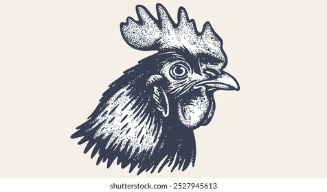 Pollo, entonces cabeza. Antiguas impresión retro, dibujo de estilo de lápiz de tinta de boceto de pollo, grabar la vieja escuela. Bosquejo de la silueta de la obra de arte cabeza de pollo, fondo blanco. Perfil de vista lateral. Ilustración vectorial