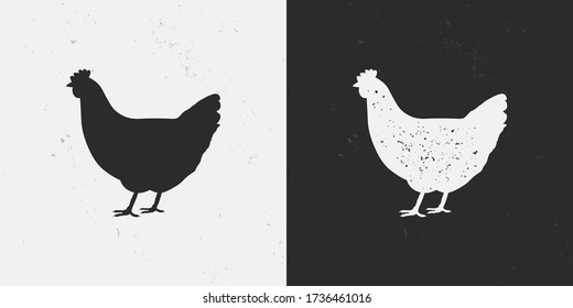 Chicken, Hen icons isolated on white and black backgrounds. Hen silhouette with grunge texture. Vintage poultry farm icon. Chicken template for meat store, grocery, butcher shop. Vector illustration