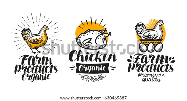 鶏 鶏のラベルセット 家きん類の農場 卵 肉 ブロイラー パレットのアイコンまたはロゴ 文字のベクターイラスト のベクター画像素材 ロイヤリティフリー