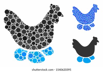 Chicken hen mosaic of spheric dots in variable sizes and color hues, based on chicken hen icon. Vector round dots are united into blue mosaic. Dotted chicken hen icon in usual and blue versions.