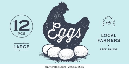 Chicken, hen with nest, eggs. Label, tag, chicken nest, eggs sketch ink pencil style drawing, engrave old school style. Sketch artwork silhouette chicken with nest, eggs. Vector Illustration