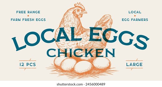 Chicken, hen with nest, eggs. Label, tag, chicken nest, eggs sketch ink pencil style drawing, engrave old school style. Sketch artwork silhouette chicken with nest, eggs. Vector Illustration