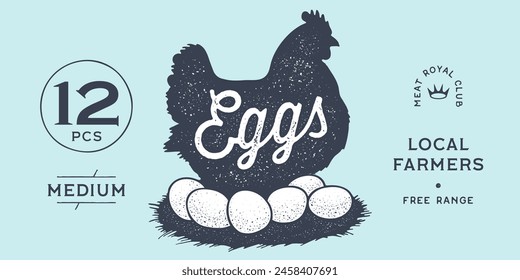 Chicken, hen with nest, eggs. Label, tag, chicken nest, eggs sketch ink pencil style drawing, engrave old school style. Sketch artwork silhouette chicken with nest, eggs. Vector Illustration