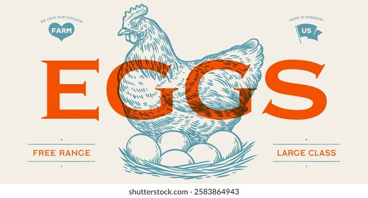 Chicken, hen with nest, eggs. Sketch artwork silhouette chicken with nest, eggs. Label, tag, chicken nest, eggs sketch ink pencil style drawing, engrave old school style. Vector Illustration