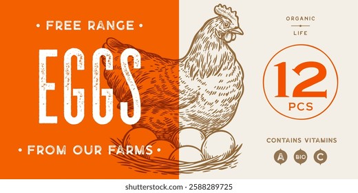 Chicken, hen with nest, eggs. Sketch artwork silhouette chicken with nest, eggs. Label, tag, chicken nest, eggs sketch ink pencil style drawing, engrave old school style. Vector Illustration