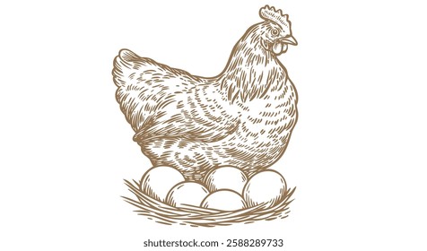 Chicken, hen with nest, eggs. Sketch artwork silhouette chicken, hen with nest, eggs. Vintage retro print, chicken, hen eggs sketch ink pencil style drawing, engrave old school. Vector Illustration