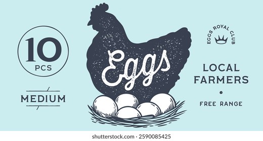 Chicken, hen with nest, eggs. Sketch artwork silhouette chicken with nest, eggs. Label, tag, chicken nest, eggs sketch ink pencil style drawing, engrave old school style. Vector Illustration