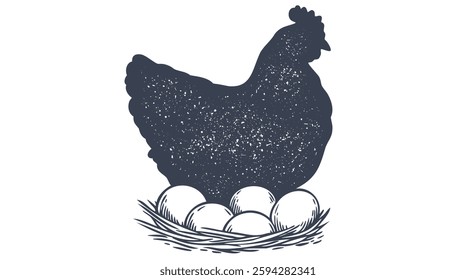 Chicken, hen with nest, eggs. Sketch artwork silhouette chicken with nest, eggs. Vintage retro print, chicken eggs sketch ink pencil style drawing, engrave old school. Vector Illustration