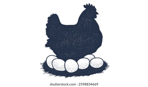 Chicken, hen with nest, eggs. Sketch artwork silhouette chicken with nest, eggs. Vintage retro print, chicken eggs sketch ink pencil style drawing, engrave old school. Vector Illustration
