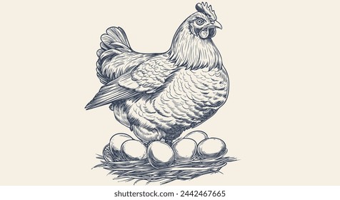 Chicken, hen with nest, eggs. Vintage retro print, chicken eggs sketch ink pencil style drawing, engrave old school. Sketch artwork silhouette chicken with nest, eggs. Vector Illustration