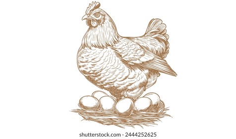 Chicken, hen with nest, eggs. Vintage retro print, chicken eggs sketch ink pencil style drawing, engrave old school. Sketch artwork silhouette chicken with nest, eggs. Vector Illustration