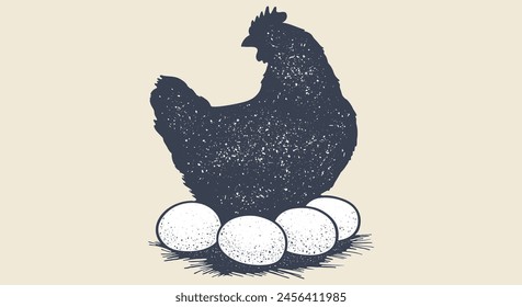 Huhn, Henne mit Nest, Eier. Klassischer Retrodruck, Hühnereier Skizze Tinte Bleistiftzeichnung, Gravur Old School. Skizze Artwork Silhouette Huhn mit Nest, Eier. Vektorillustration