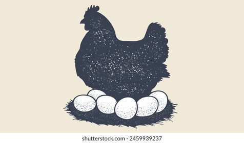 Chicken, hen with nest, eggs. Vintage retro print, chicken eggs sketch ink pencil style drawing, engrave old school. Sketch artwork silhouette chicken with nest, eggs. Vector Illustration