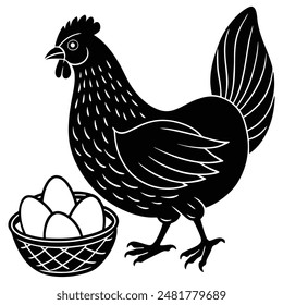 Chicken, hen with nest, eggs. Vintage retro print, chicken, hen eggs sketch ink pencil style drawing