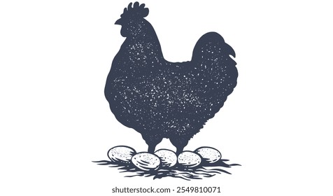 Chicken, hen with nest, eggs. Vintage retro print, chicken eggs sketch ink pencil style drawing, engrave old school. Sketch artwork silhouette chicken with nest, eggs. Vector Illustration