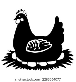 Chicken hen on nest vector hand drawn illustration for poster, flyer, farm package design.