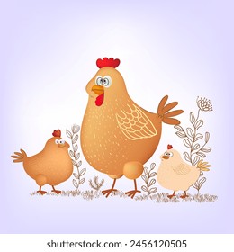 Chicken, hen, rooster cartoon domestic poultry farm animal collection.