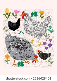 Pollo, gallina, personaje de gallo Ilustración vectorial de dibujo a mano. Colección de aves de corral en elemento de estilo vintage.