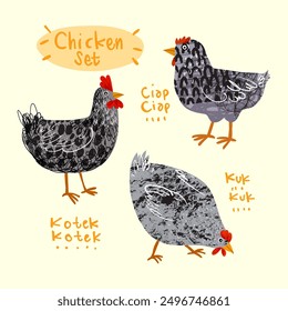 Pollo, gallina, gallo, gallo, Ilustración vectorial de carácter animal de granja de aves de corral. Arte de línea áspera, dibujo a mano colección de pájaro doméstico.