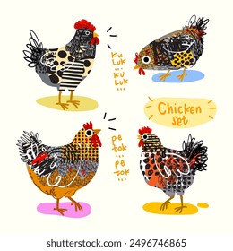 Chicken, hen, rooster, cock poultry farm animal character vector illustration. Rough line art, hand drawing domestic bird collection.