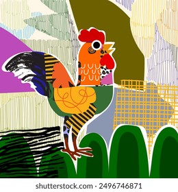 Chicken, hen, rooster, cock poultry farm animal character vector illustration. Rough line art, hand drawing domestic bird collection.