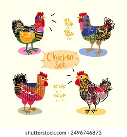 Chicken, hen, rooster, cock poultry farm animal character vector illustration. Rough line art, hand drawing domestic bird collection.