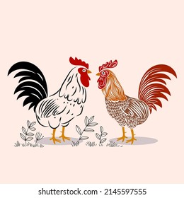 Chicken, hen, rooster illustration poultry and farm animal vector set graphic design element.