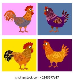 Chicken, hen, rooster illustration poultry and farm animal vector set graphic design element.
