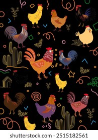 Pollo, gallina, patrón de gallo dibujo a mano boceto diseño de Ilustración vectorial. Lindo hermoso diseño animal de aves de corral de granja para la tela, textil, envoltura, Fondo de pantalla y fondo.