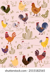 Pollo, gallina, patrón de gallo dibujo a mano boceto diseño de Ilustración vectorial. Lindo hermoso diseño animal de aves de corral de granja para la tela, textil, envoltura, Fondo de pantalla y fondo.