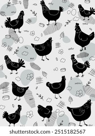 Pollo, gallina, patrón de gallo dibujo a mano boceto diseño de Ilustración vectorial. Lindo hermoso diseño animal de aves de corral de granja para la tela, textil, envoltura, Fondo de pantalla y fondo.