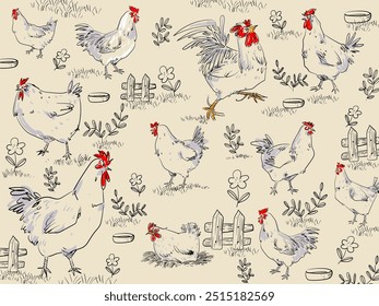 Pollo, gallina, patrón de gallo dibujo a mano boceto diseño de Ilustración vectorial. Lindo hermoso diseño animal de aves de corral de granja para la tela, textil, envoltura, Fondo de pantalla y fondo.