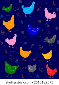 Pollo, gallina, patrón de gallo dibujo a mano boceto diseño de Ilustración vectorial. Lindo hermoso diseño animal de aves de corral de granja para la tela, textil, envoltura, Fondo de pantalla y fondo.