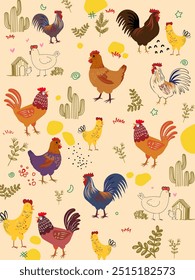 Chicken, hen, rooster pattern hand drawing sketch vector illustration design. Cute lovely poultry farm birds animal design for fabric, textile, wrapping, wallpaper and background.