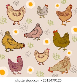 Pollo, gallina, patrón de gallo dibujo a mano boceto diseño de Ilustración vectorial. Lindo hermoso diseño animal de aves de corral de granja para la tela, textil, envoltura, Fondo de pantalla y fondo.