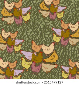 Pollo, gallina, patrón de gallo dibujo a mano boceto diseño de Ilustración vectorial. Lindo hermoso diseño animal de aves de corral de granja para la tela, textil, envoltura, Fondo de pantalla y fondo.