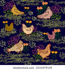 Pollo, gallina, patrón de gallo dibujo a mano boceto diseño de Ilustración vectorial. Lindo hermoso diseño animal de aves de corral de granja para la tela, textil, envoltura, Fondo de pantalla y fondo.