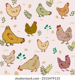 Pollo, gallina, patrón de gallo dibujo a mano boceto diseño de Ilustración vectorial. Lindo hermoso diseño animal de aves de corral de granja para la tela, textil, envoltura, Fondo de pantalla y fondo.