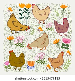 Pollo, gallina, patrón de gallo dibujo a mano boceto diseño de Ilustración vectorial. Lindo hermoso diseño animal de aves de corral de granja para la tela, textil, envoltura, Fondo de pantalla y fondo.