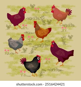 Pollo, gallina, patrón de gallo dibujo a mano boceto diseño de Ilustración vectorial. Lindo hermoso diseño animal de aves de corral de granja para la tela, textil, envoltura, Fondo de pantalla y fondo.