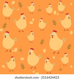 Pollo, gallina, patrón de gallo dibujo a mano boceto diseño de Ilustración vectorial. Lindo hermoso diseño animal de aves de corral de granja para la tela, textil, envoltura, Fondo de pantalla y fondo.