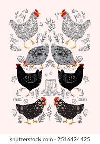 Pollo, gallina, patrón de gallo dibujo a mano boceto diseño de Ilustración vectorial. Lindo hermoso diseño animal de aves de corral de granja para la tela, textil, envoltura, Fondo de pantalla y fondo.