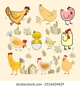 Pollo, gallina, patrón de gallo dibujo a mano boceto diseño de Ilustración vectorial. Lindo hermoso diseño animal de aves de corral de granja para la tela, textil, envoltura, Fondo de pantalla y fondo.