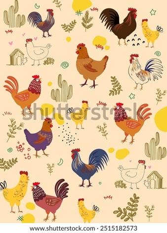 Chicken, hen, rooster pattern hand drawing sketch vector illustration design. Cute lovely poultry farm birds animal design for fabric, textile, wrapping, wallpaper and background.