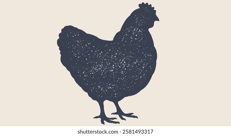 Chicken, hen. Sketch artwork black silhouette chicken with texture. Vintage retro print, chicken, hen sketch ink pencil style drawing, engrave old school. Vector Illustration