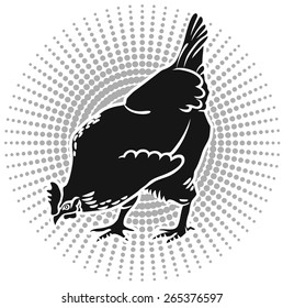 Chicken. Hen. Vector. Black silhouette. Gray background. Circle.
Series of livestock vector images.